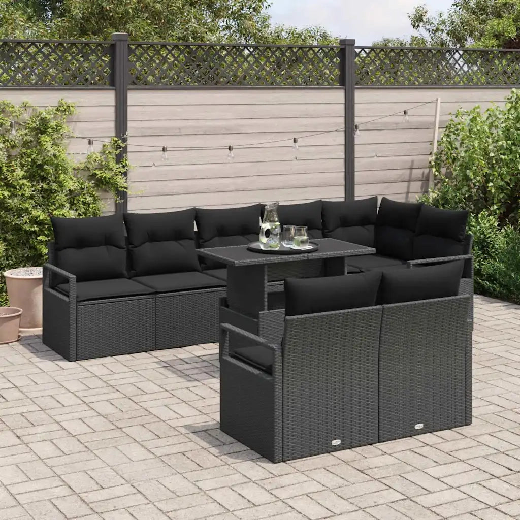 Set Divano da Giardino con cuscino 9 pcs Nero polyrattan
