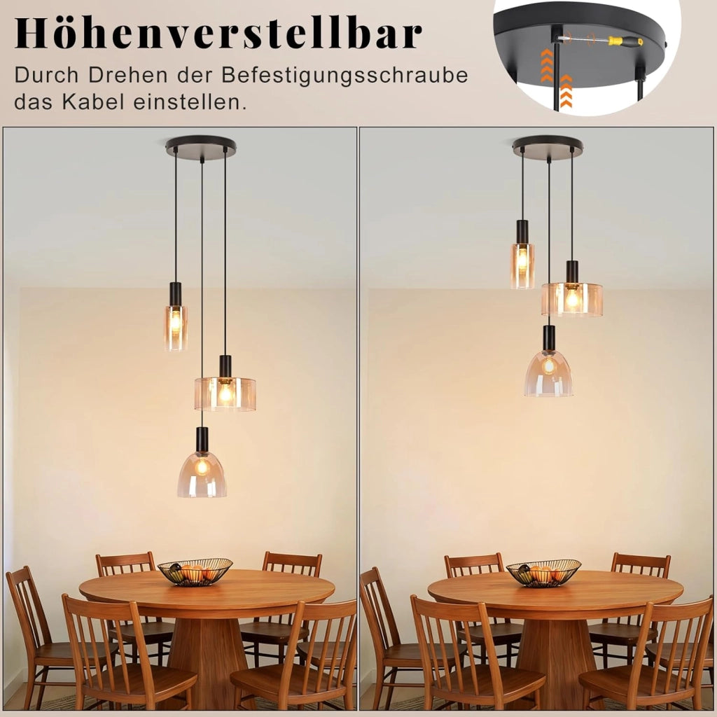 ZMH Lampada a Sospensione 3 Luci Vetro Ambra Industriale Altezza Regolabile per Sala da Pranzo Soggiorno Senza Lampadina