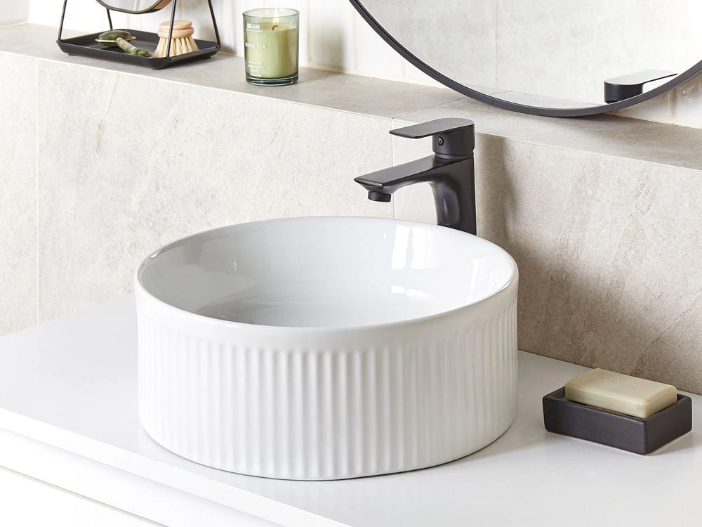 Lavandino da appoggio Ceramica bianca  ⌀ 37 cm Lucido Lavandino ovale per bagno Stile moderno