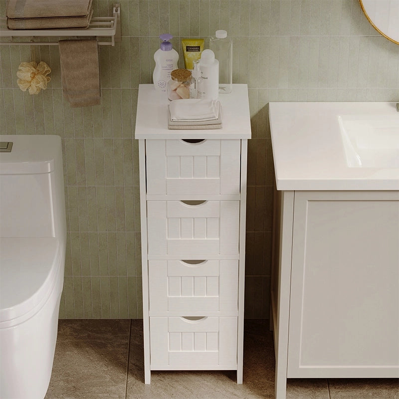 Mobile da bagno stretto, colonna a scaffali bianca con cassetti e ripiano, stile scandinavo