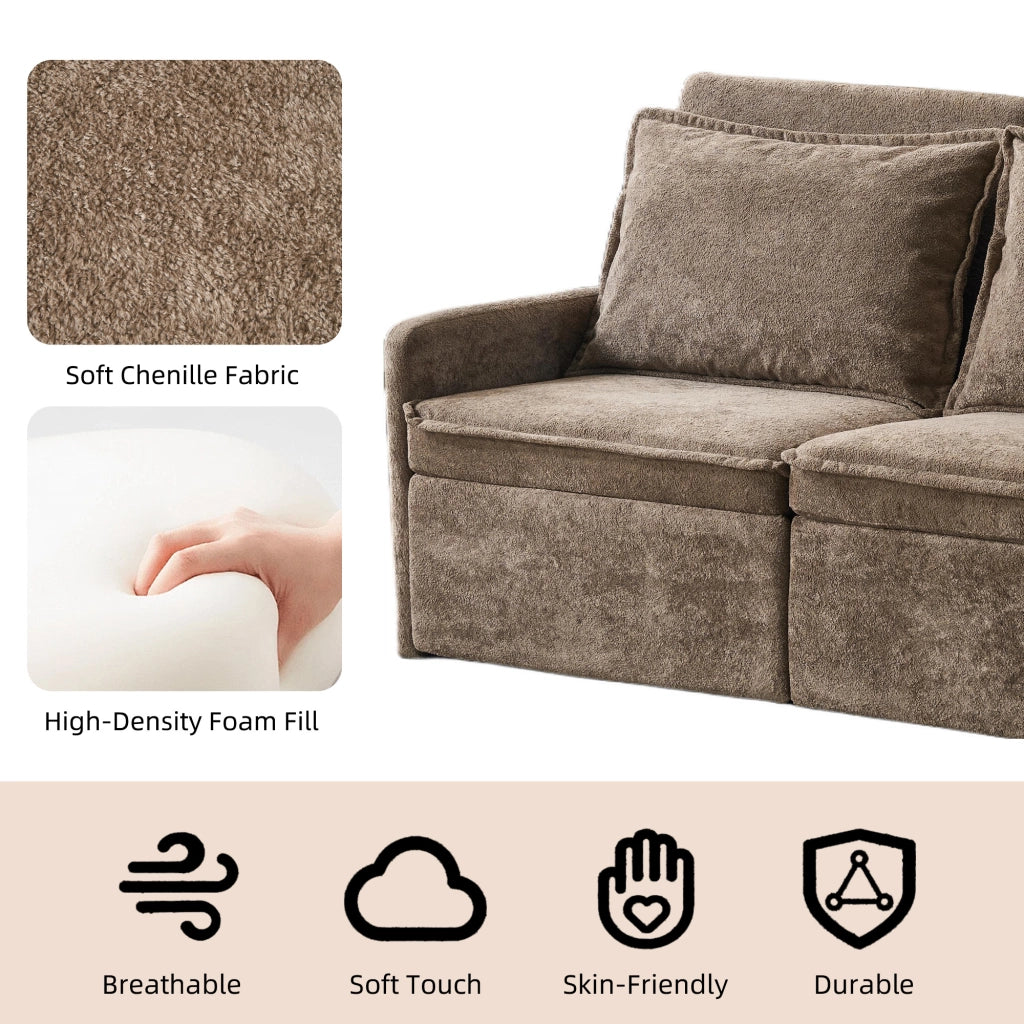 Divano letto con cuscini e USB, 3 in 1, schienale regolabile, contenitore, chenille, marrone ¨C Minimal