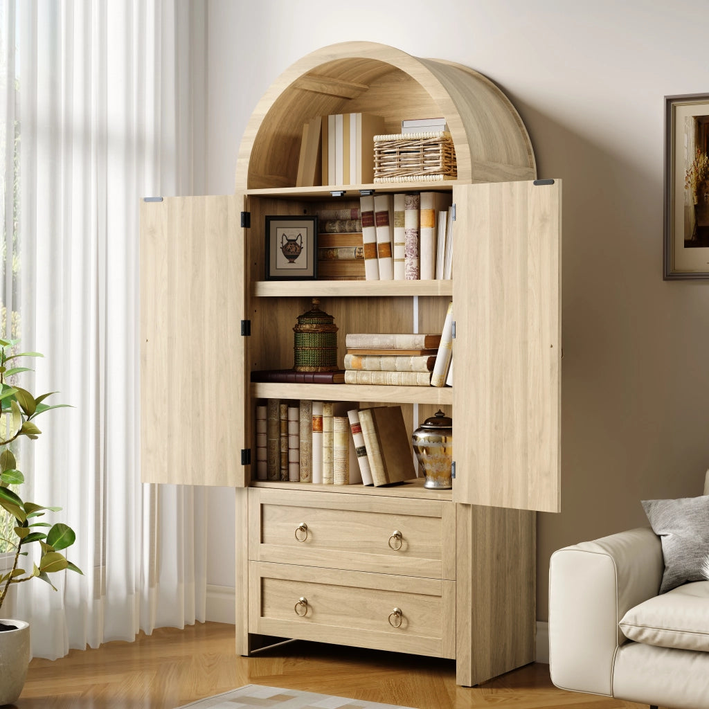 Credenza con ripiani aperti, armadietto con ante in rattan, doppi cassetti e ganci laterali, in MDF rovere