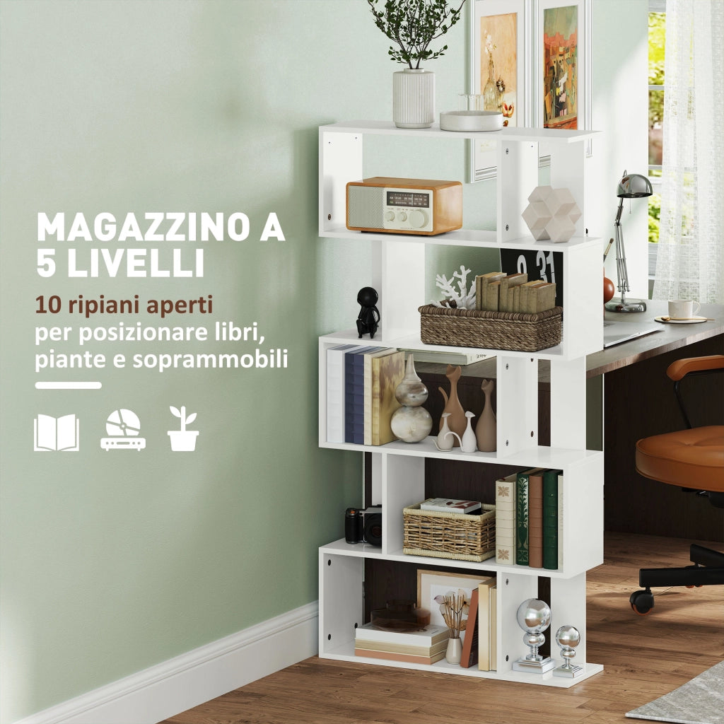 Libreria Asimmetrica a S a 5 Livelli con 10 Ripiani Aperti, in Legno, 80x24x159 cm, Bianco