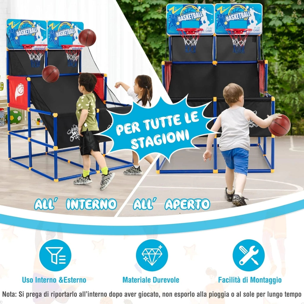 Canestro Basket da Camera per Bambini, Gioco Pallacanestro a Doppio Tiro con 4 Palline e Pompa di Gonfiaggio, Ideale per Sala Giochi e Cortile e Cameretta, 90 x 90 x 140 cm