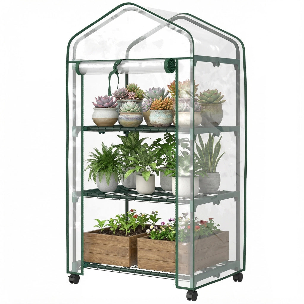 Serra da giardino mini con 3 ripiani ¨C Xylo ¨C PVC trasparente con ruote 69x49x130 cm