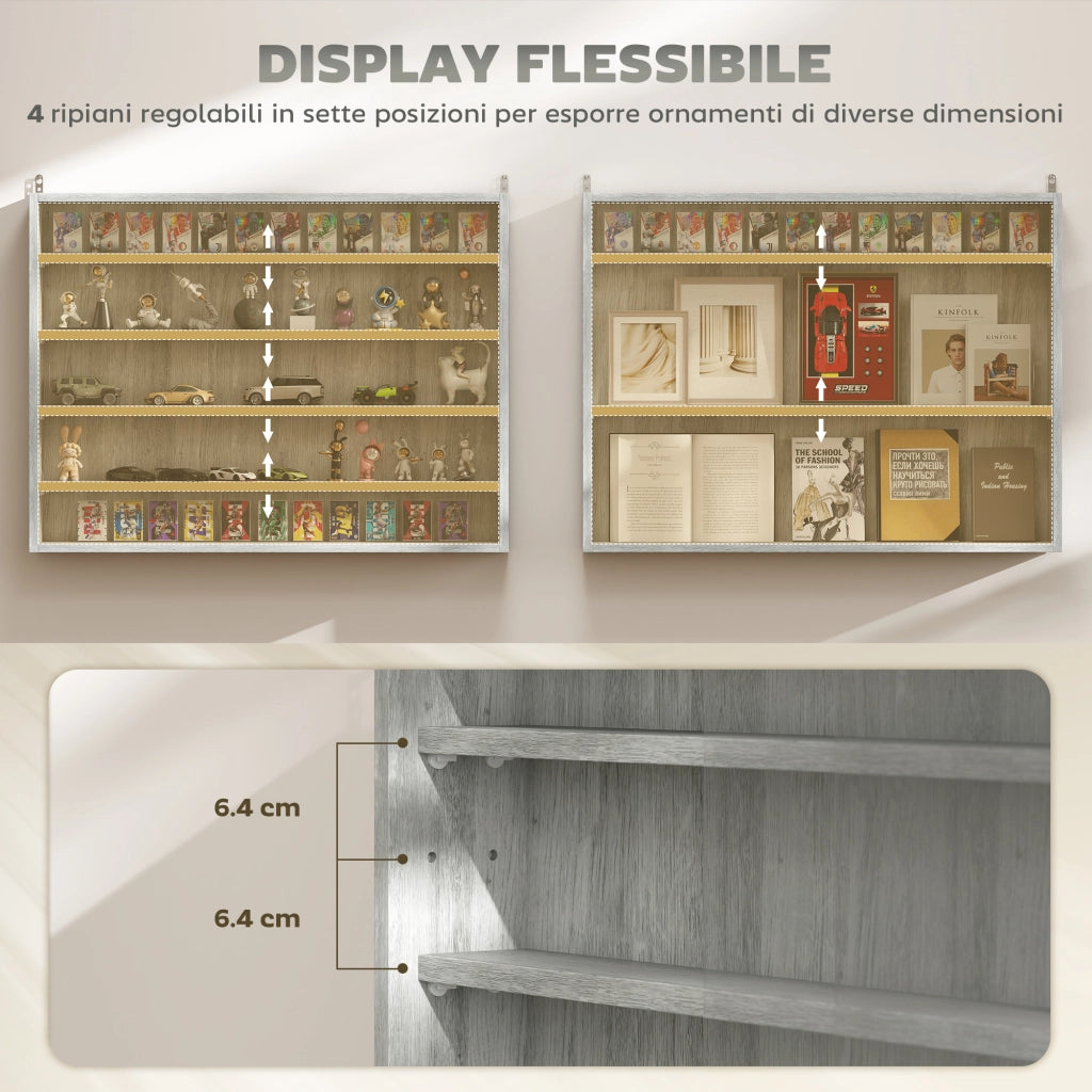 Libreria a 4 Ripiani Regolabili in Legno con Ante in Vetro ¨C Zephmum ¨C Grigio 80x60x9.5 cm