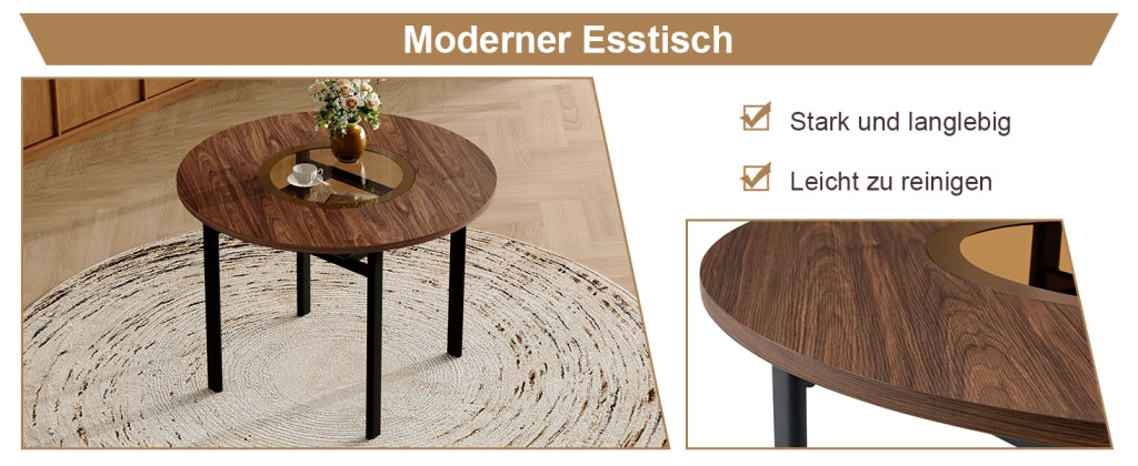 Tavolo rotondo dal design moderno e minimalista, con diametro di 100 cm e finitura effetto legno marrone, adatto per 2-4 persone (con piano in vetro g