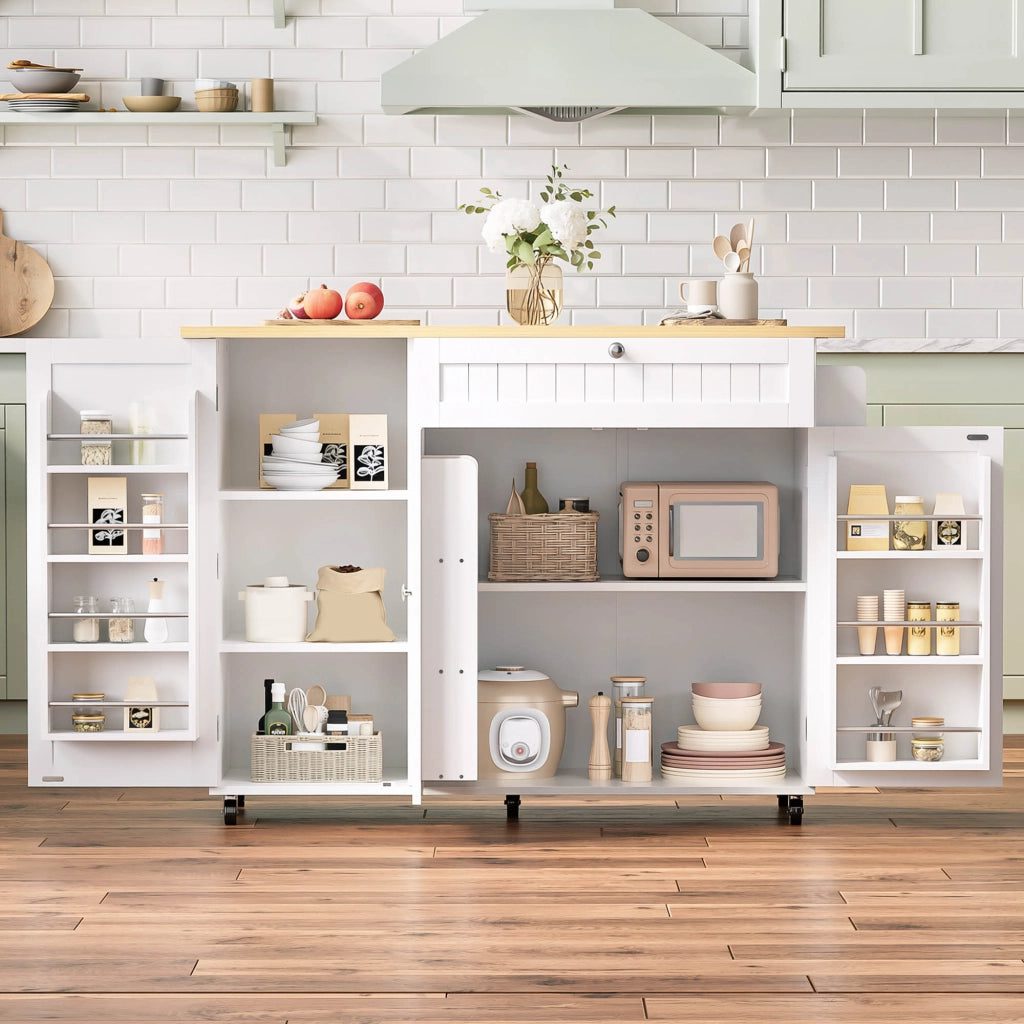 Carrello da cucina con piano ribaltabile; 1 cassetto; 3 vani; ripiani regolabili e ruote; in MDF; naturale bianco