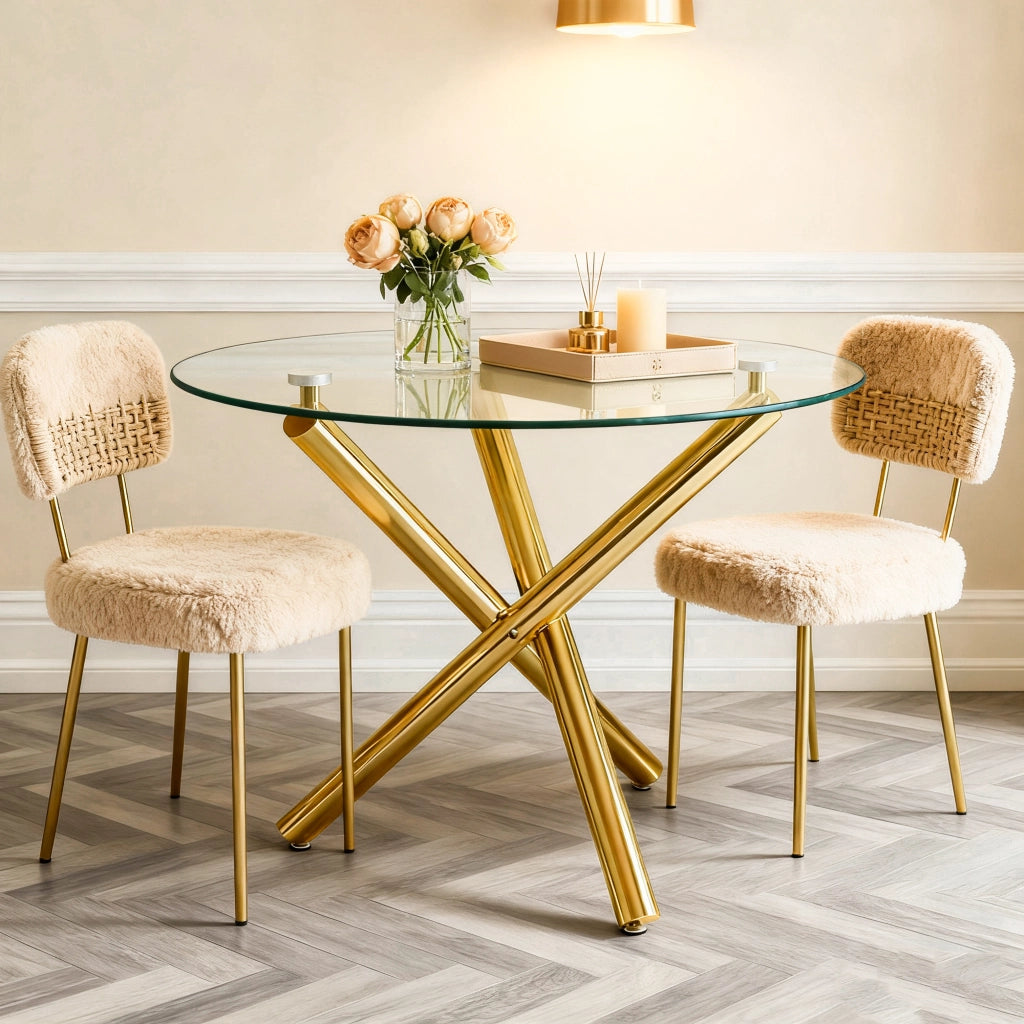 Tavolo da pranzo rotondo in vetro temperato gambe dorate 80x80x76 cm stile minimalista moderno