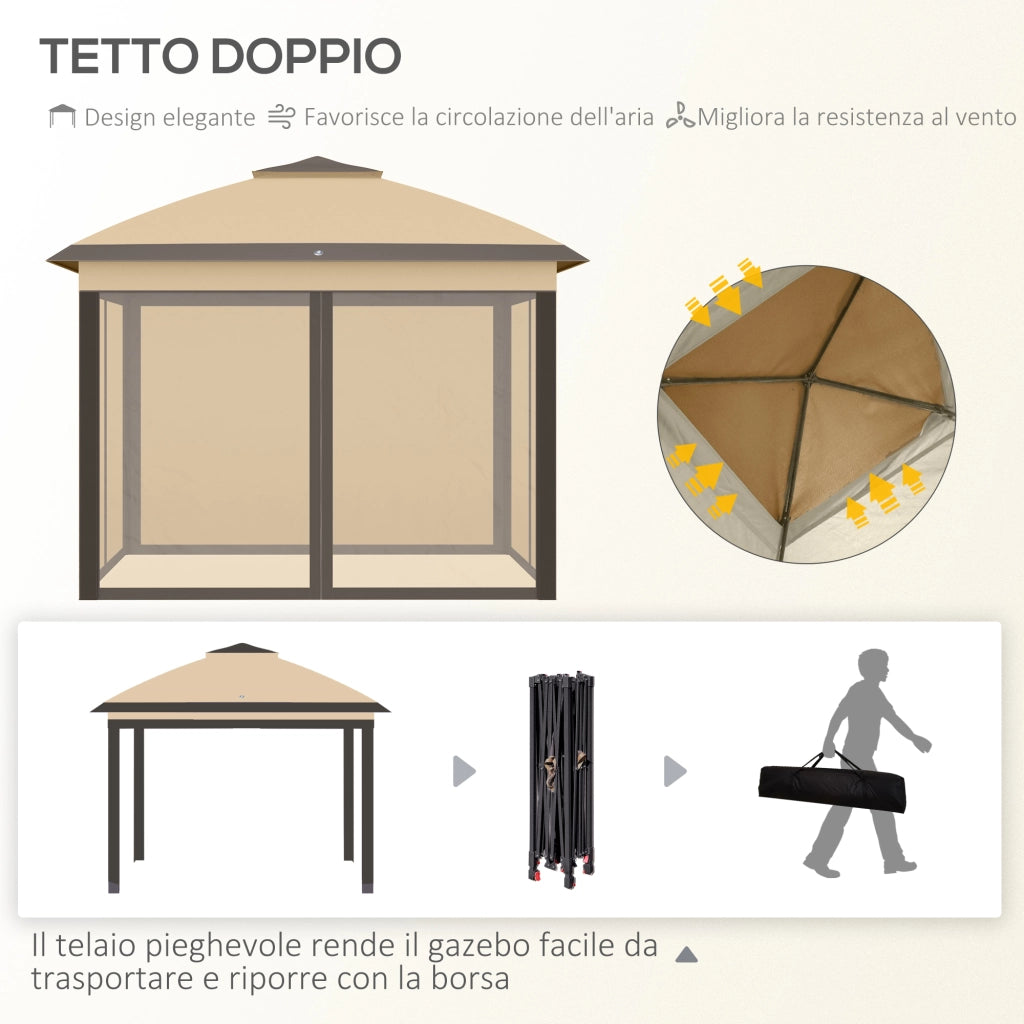 Gazebo Pieghevole con Zanzariera 3.3x3.3m ¨C Xylo ¨C Beige con Borsa