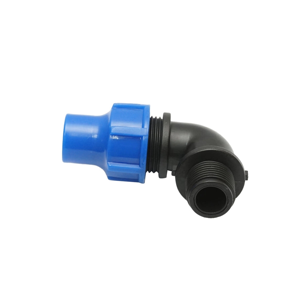 Gomito di raccordo a compressione con filettatura esterna D16mmx1/2 per sistemi di irrigazione.