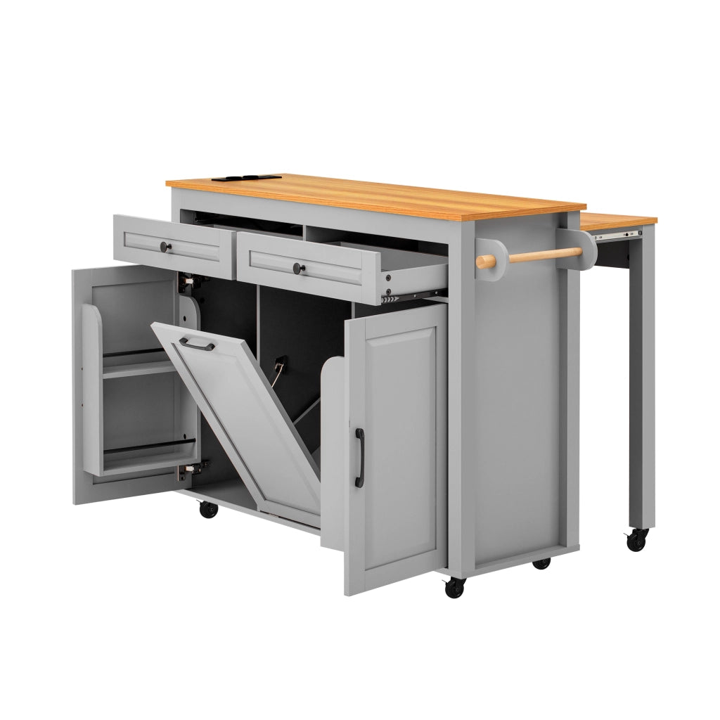 Isola Cucina Mobile con Ruote e Piano Estensibile 120×40-75 cm; Vano Porta Rifiuti; Prese AC/USB-C e Spazio Contenitore Grigio