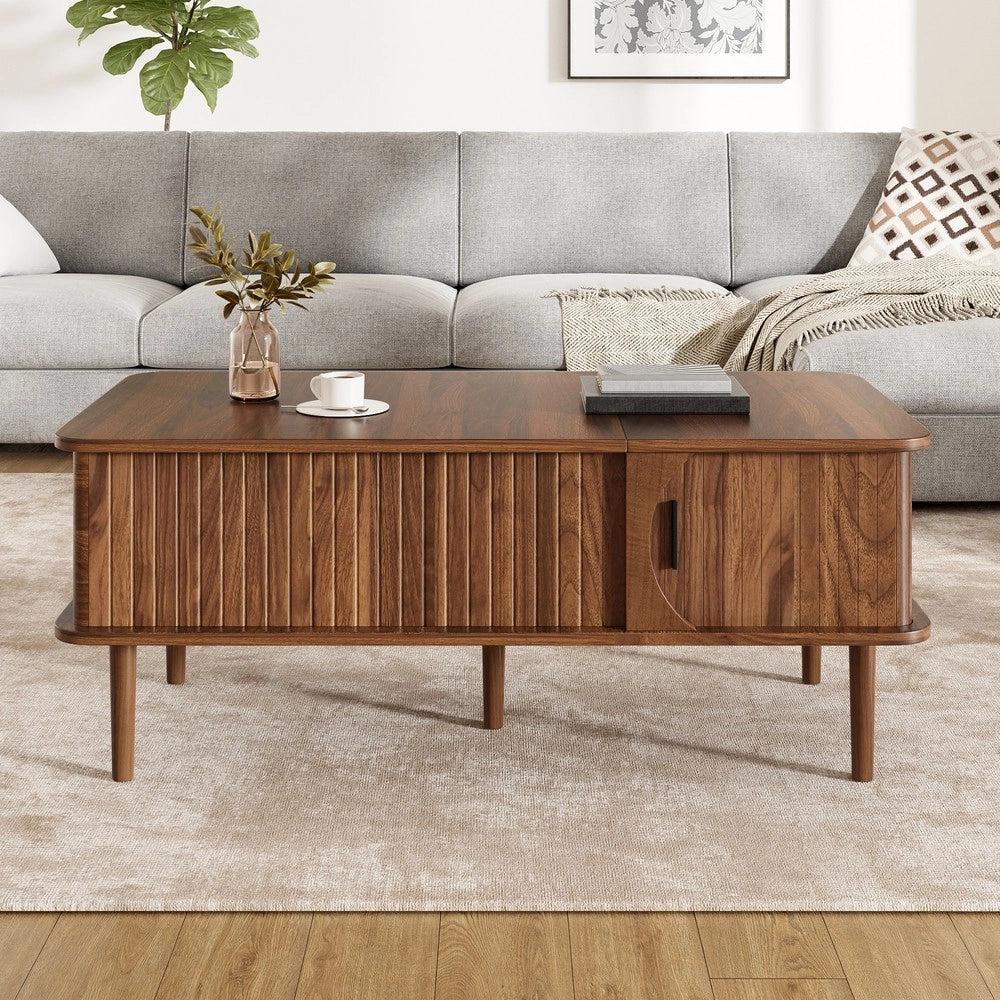 Tavolino da Salotto Moderno ¨C Xylo ¨C Effetto Noce, Piano Regolabile, Legno, Ante Scorrevoli