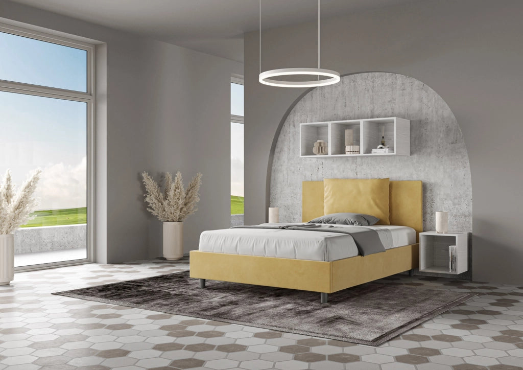 BS COM Letto una piazza e mezza con rete imbottito 130x210 microfibra ocra