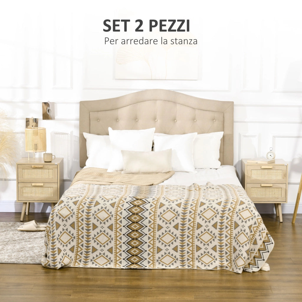Set 2 Comodini per Camera da Letto Stile Boho con 2 Cassetti. 40x40x56cm. Legno Naturale