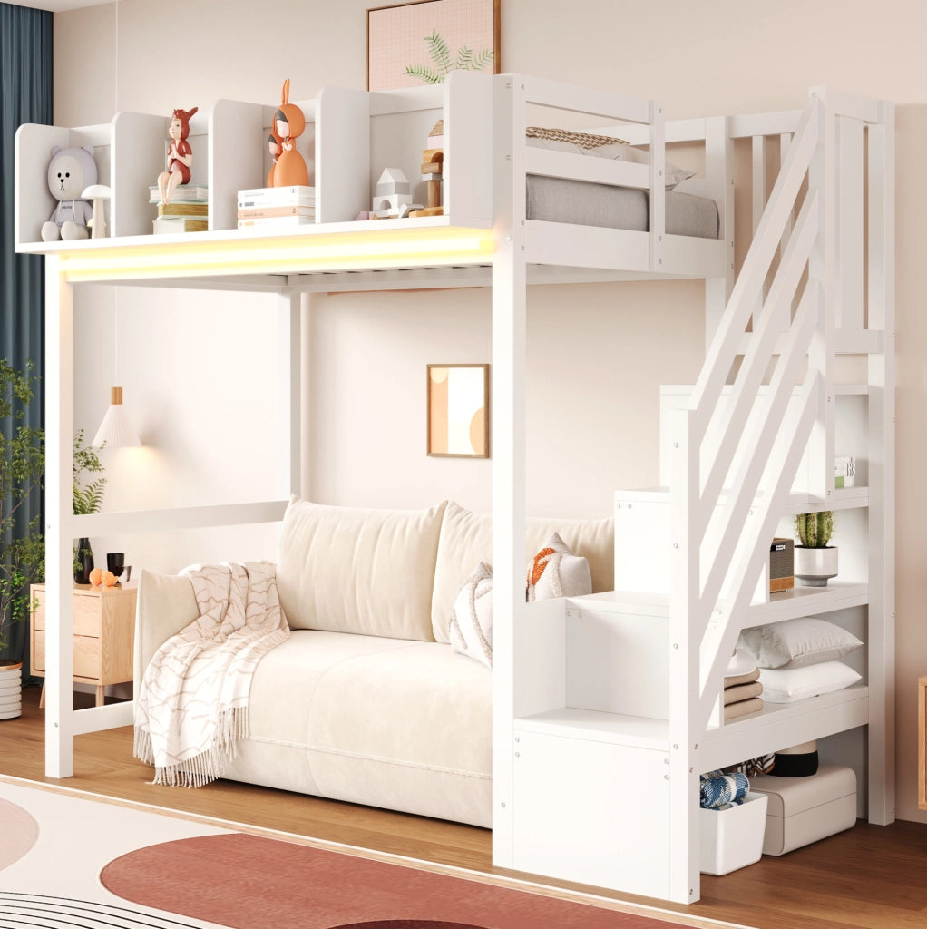 Letto a soppalco 90x200 cm con LED, scaffali laterali e scala contenitiva