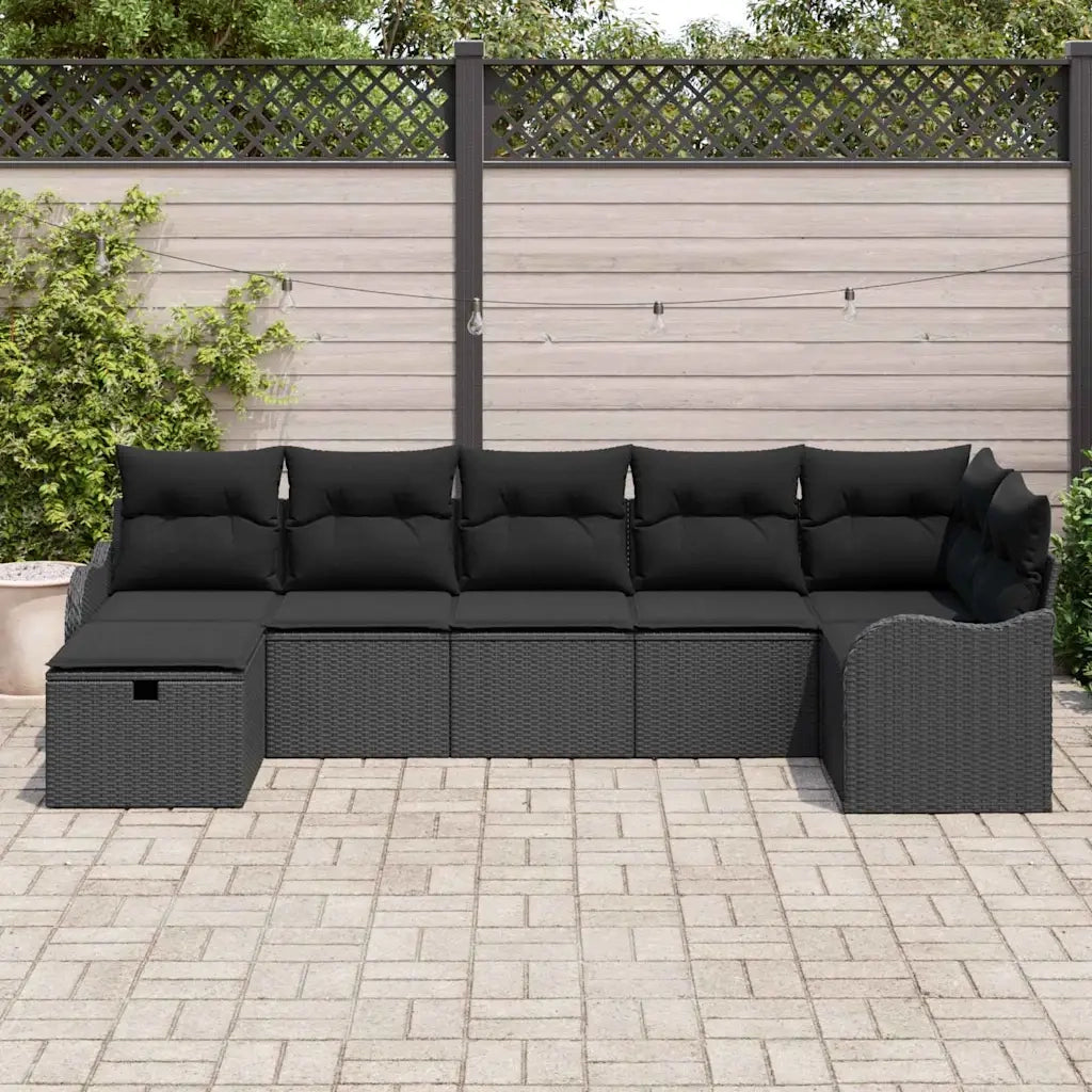 Set Divano da Giardino con cuscino 7 pcs Nero Poly Rattan