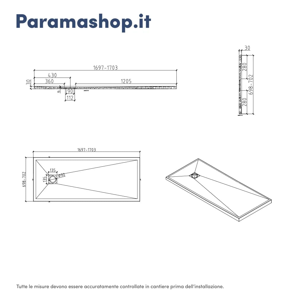 Piatto doccia rettangolare 70x170 cm in marmoresina bianco effetto pietra h3 cm | Milos