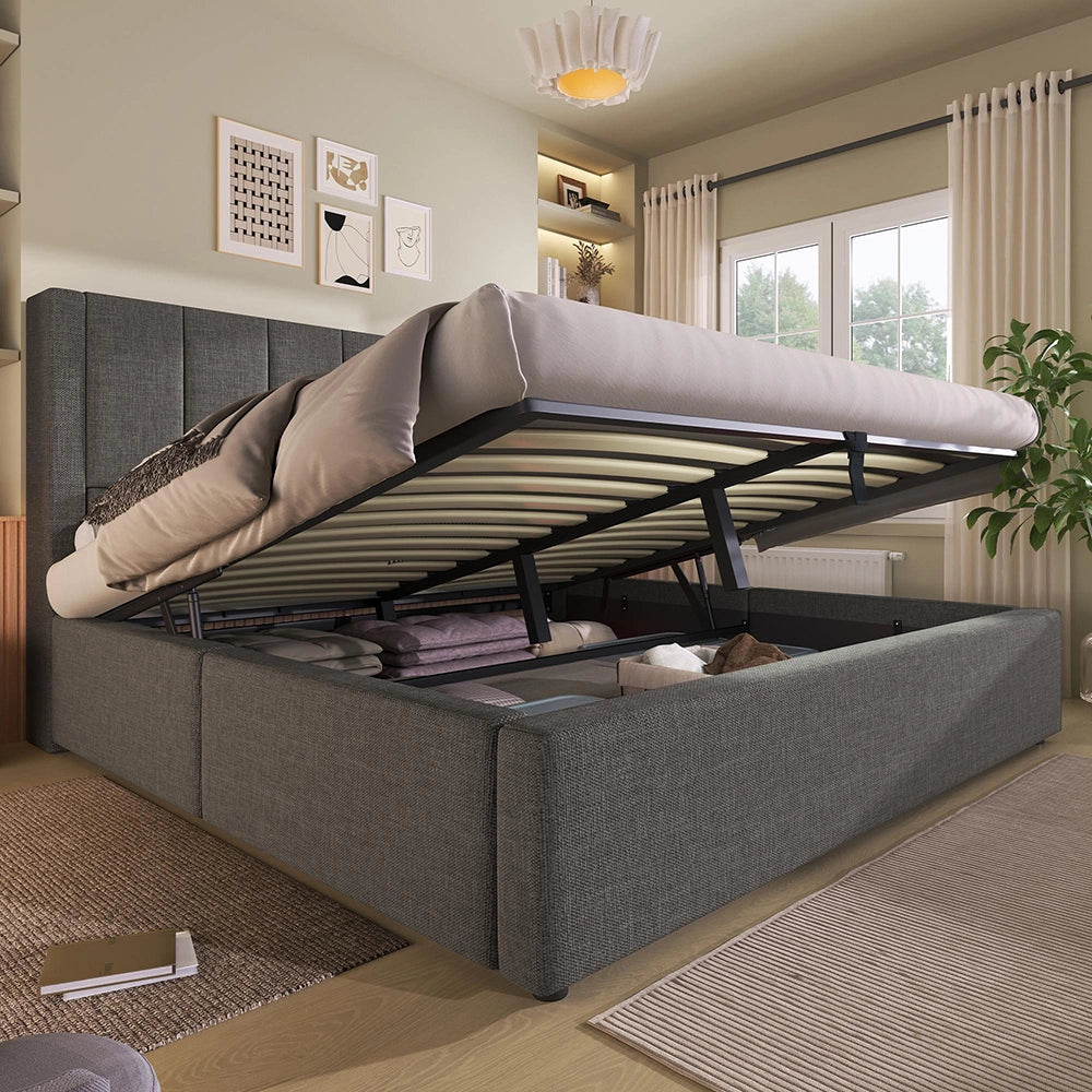 Letto imbottito-Xylo-140x190cm doppio porta-bicchiere USB idraulico lino grigio senza materasso