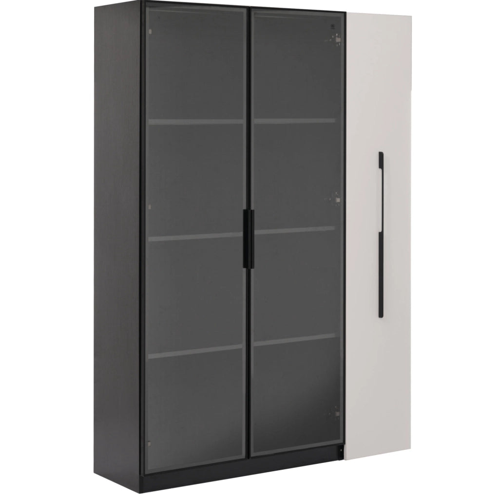 Armadio vetrina 110.5x35x160 cm con LED e ripiano laterale estraibile in MDF e vetro bianco e nero