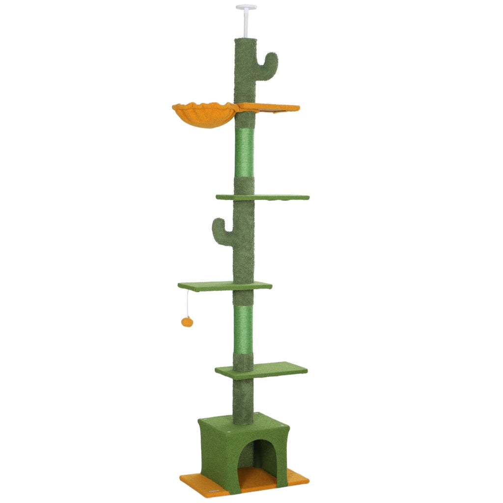 Tiragraffi a soffitto, 230-275 cm, con cuccia, pali per graffiare, pallina da gioco, mobile per gatti con dispositivo antiribaltamento, verde