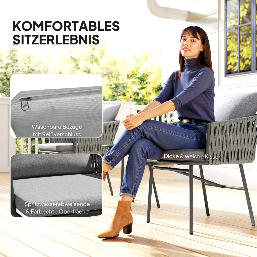 Set bistrot giardino 3 pezzi con cuscini ¨C Xylo ¨C 2 sedie + 1 tavolo, rattan, telaio acciaio, grigio