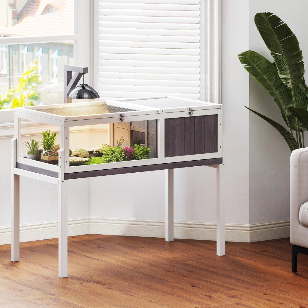 Casetta Tartarughe Rialzata ¨C Minimal ¨C Legno e Plastica, Grigio e Bianco, 104x53x82 cm