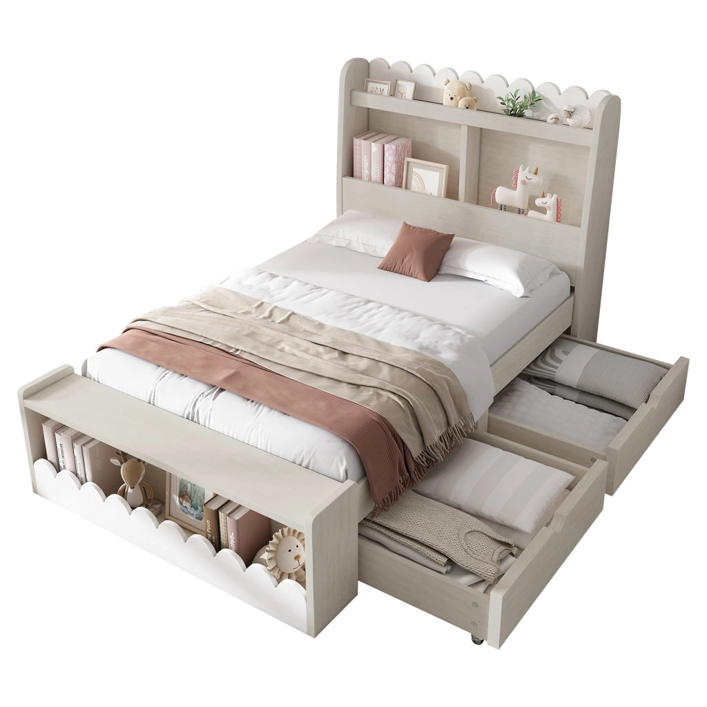 Letto per bambini in legno con 2 cassetti; mensole; panca contenitore e doghe; bianco e rovere chiaro; 90x200 cm; senza materasso