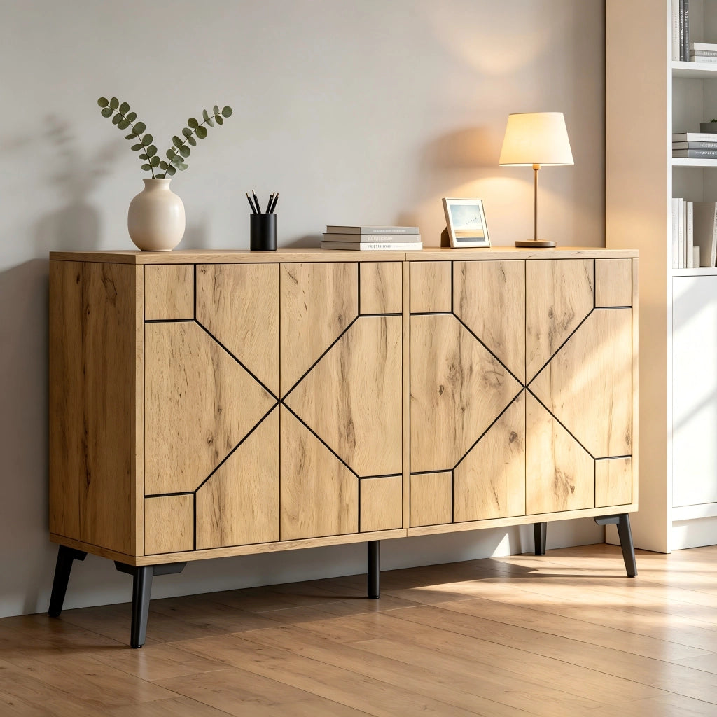 Madia con 4 ante a pressione e 4 scomparti; per soggiorno o cucina; colore naturale; 120 × 35 × 69 cm