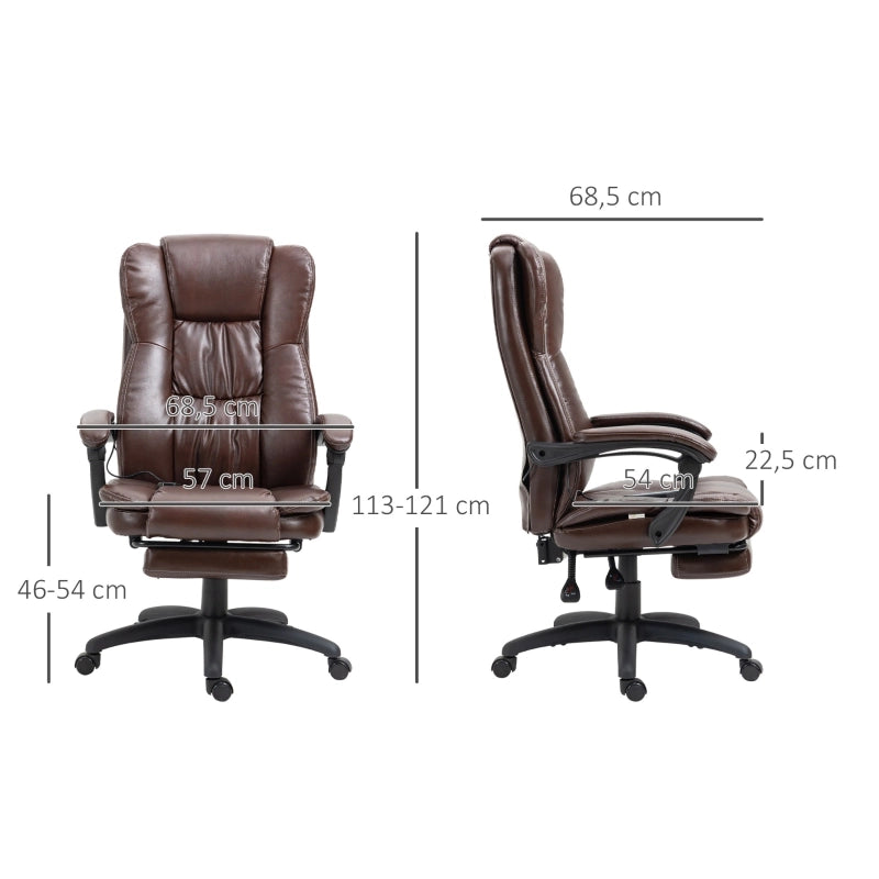 Poltrona girevole regolabile con poggiapiedi, poggiatesta e funzione massaggio, in similpelle, 68,5x68,5x113-121 cm, marrone.