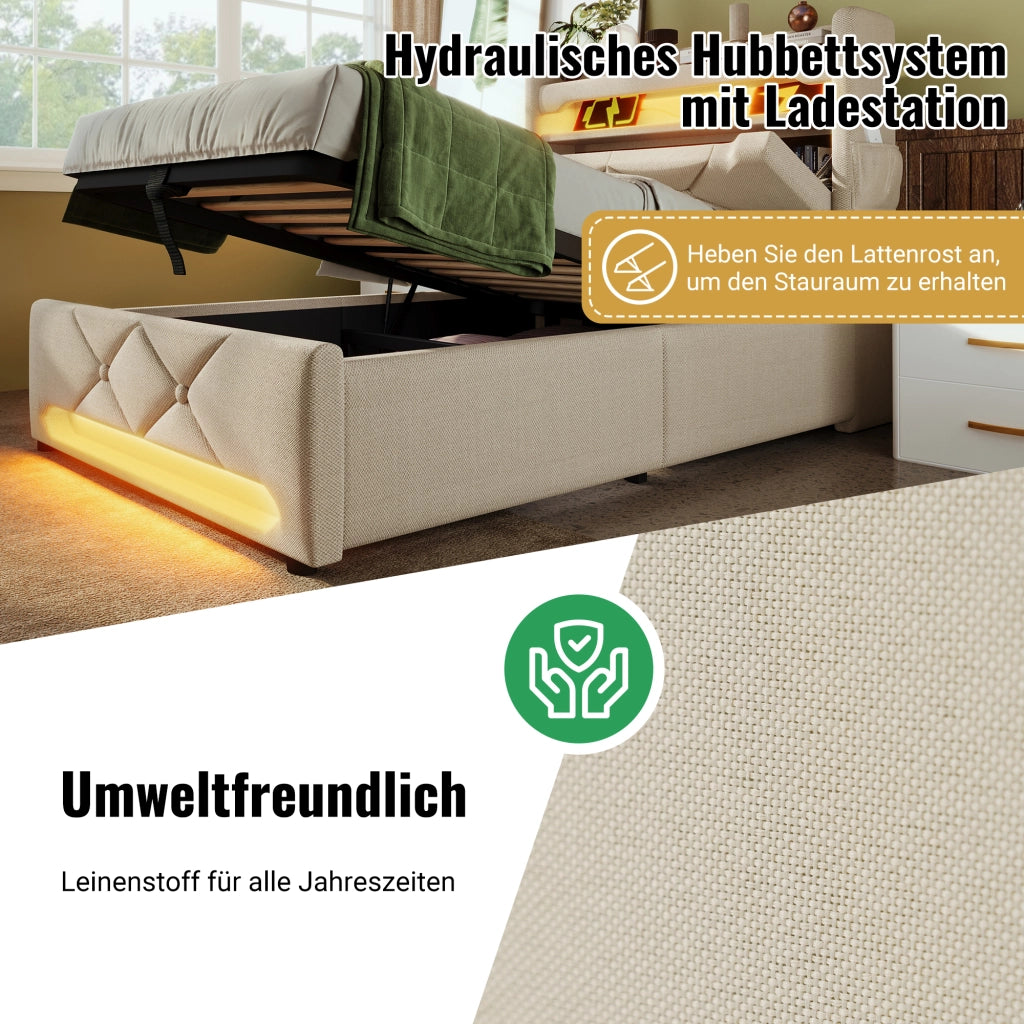 Letto matrimoniale contenitore 160x200 cm con testiera USB-C; LED su testiera e pediera; rivestimento in lino beige