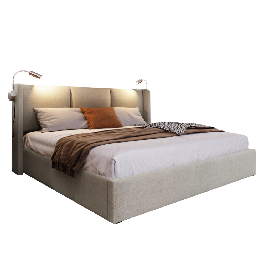 Letto imbottito 160x200 con contenitore, luce da lettura e ricarica USB