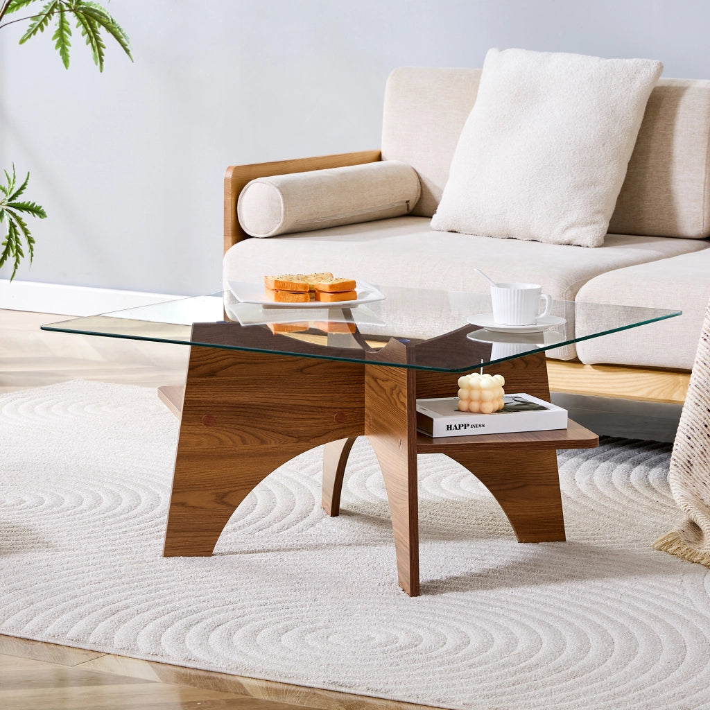Tavolino/tavolino da caff¨¨ moderno di forma quadrata, realizzato in vetro temperato ¨C lati di 80 cm. Gambe in MDF con finitura effetto noce. Ideale pe