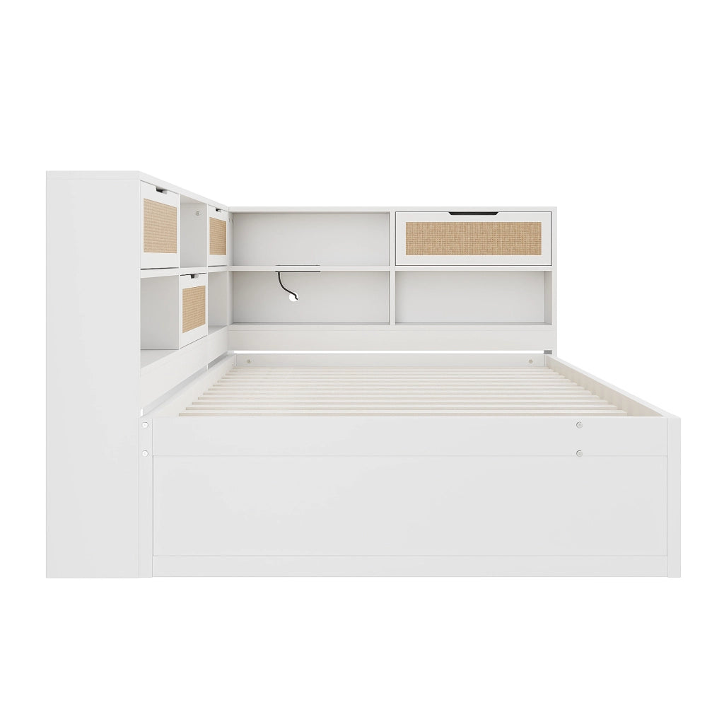 DESMIU Divano Letto 140 × 200 cm con Letto Estraibile 90 × 190 cm, prese USB, senza materasso, in legno, bianco