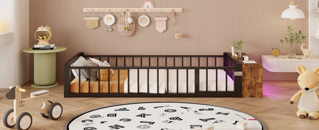 Letto singolo bambini 90x200 cm in metallo e MDF con sponda sicurezza, vano portaoggetti e LED, senza materasso