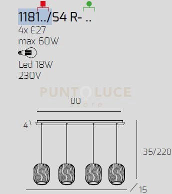 SOSPENSIONE OTTONE SAT. 4 LUCI RETTANGOLARE VETRI FUME 1181OS-S4 R-FU
