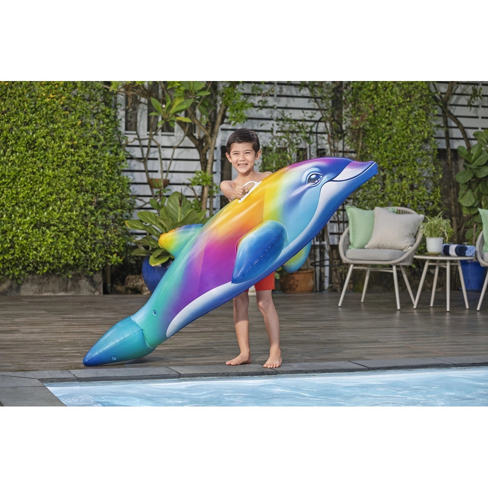 Trade Shop - Cavalcabile Gonfiabile Galleggiante A Forma Di Delfino Arcobaleno Maniglie 168x66cm 41541 -