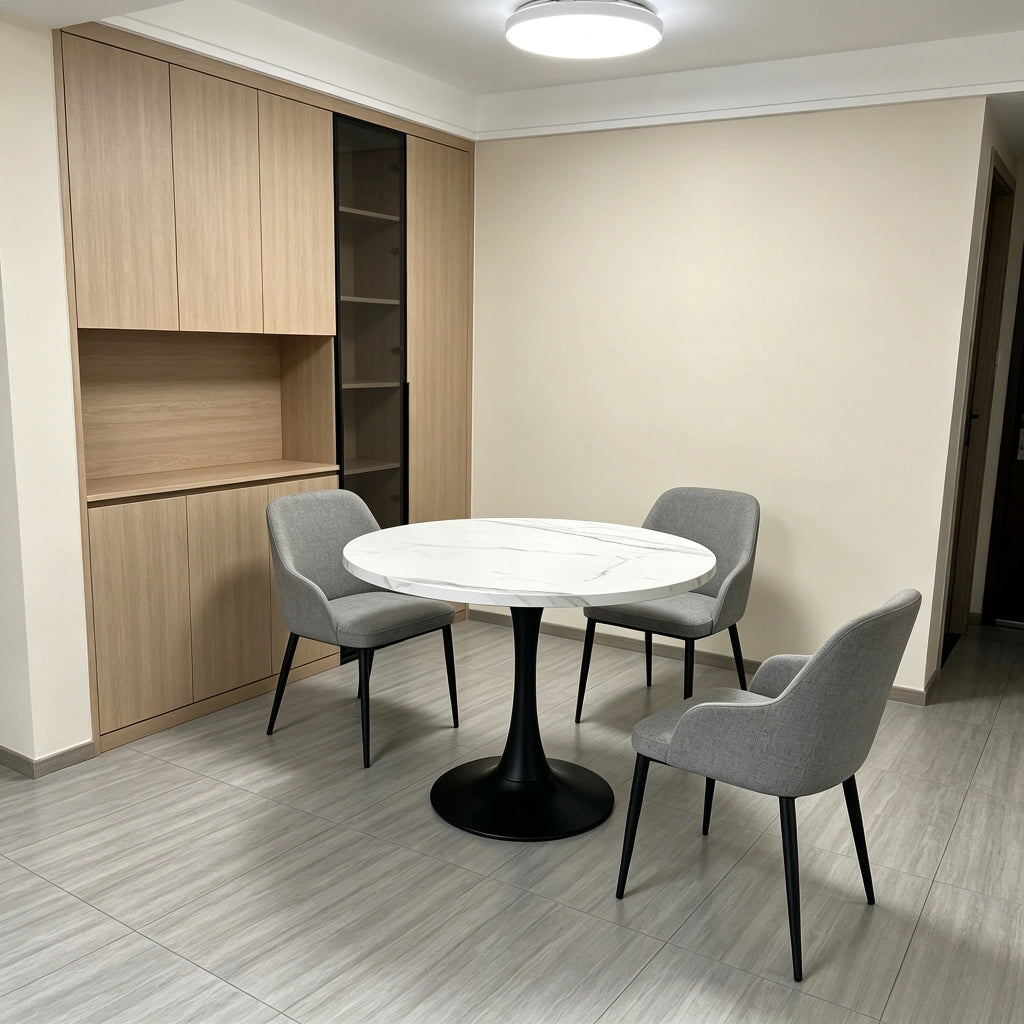 Tavolo rotondo moderno da 80 cm con piano effetto marmo bianco e base in metallo nero
