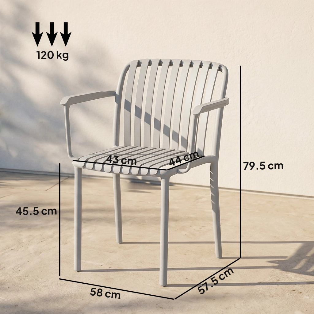 Set di 4 Sedie da Giardino Impilabili con Braccioli. Design a Doghe in Plastica. Grigio