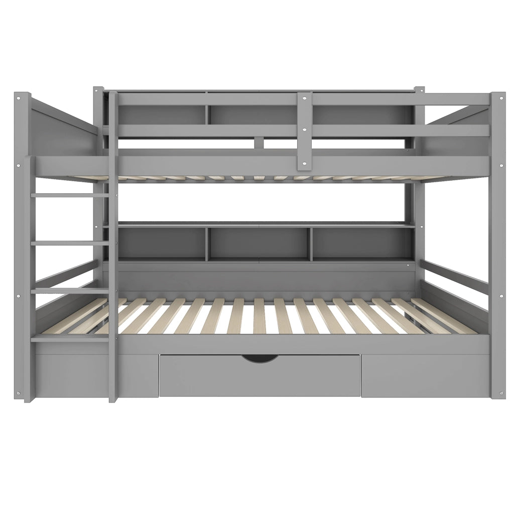 Letto a castello 90×200 cm; 3 posti con cassetto; vani portaoggetti; senza materasso; in pino grigio