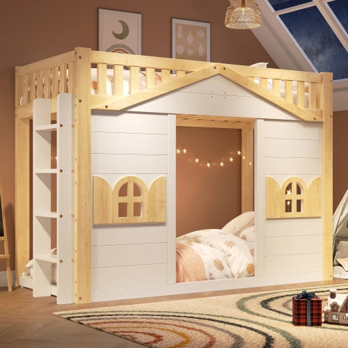 Letto a castello casetta per bambini 90x200 cm LEMONMAX, con finestra, scala reversibile e angolo giochi, legno di pino e MDF, bianco e naturale