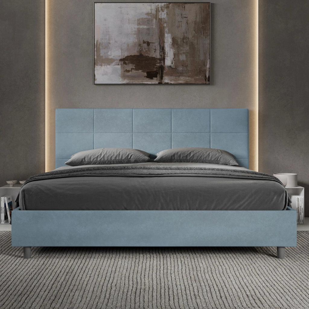 BS COM Letto matrimoniale king size con rete imbottito 200x210 microfibra azzurro