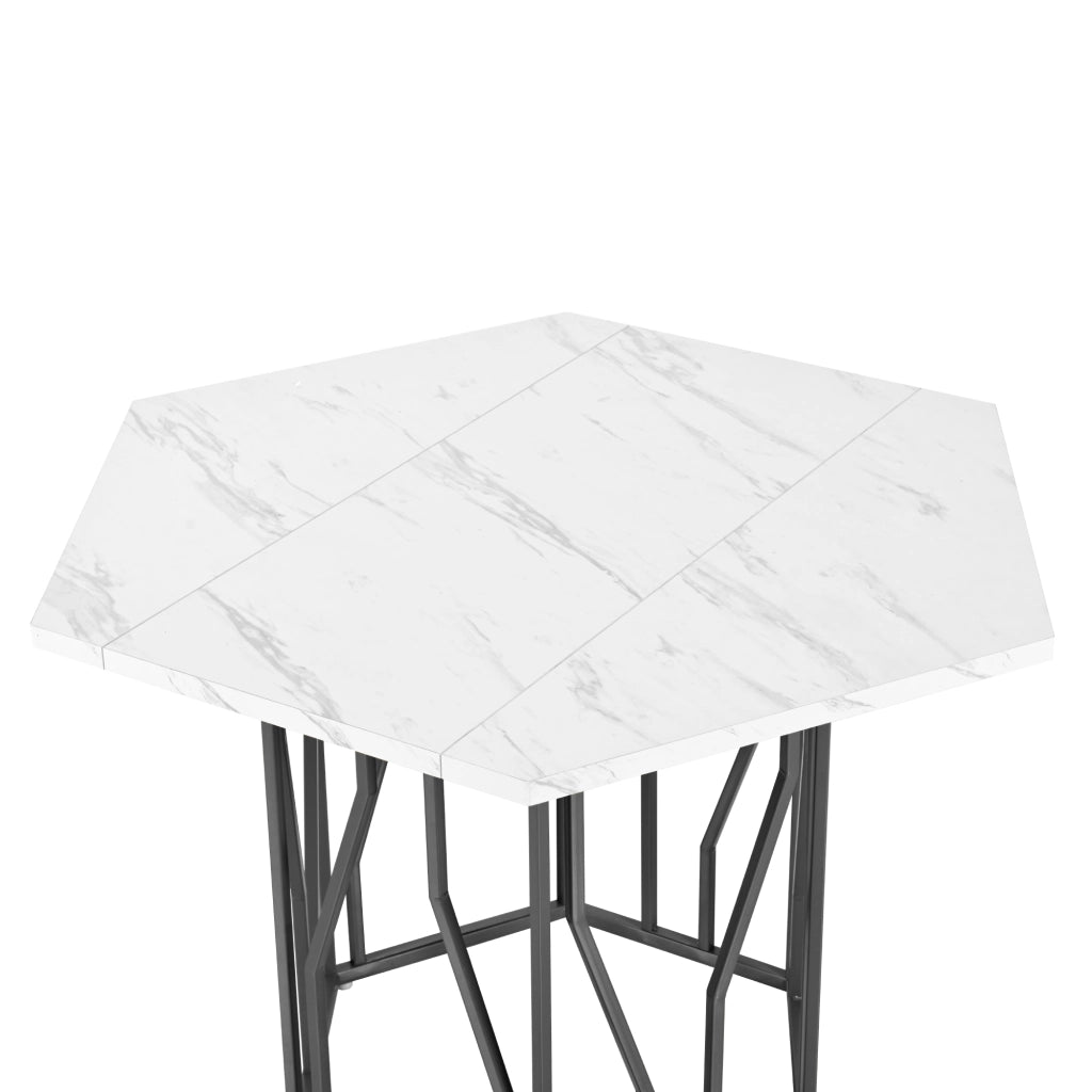 Tavolo da pranzo moderno esagonale con piano effetto marmo e base in metallo nero