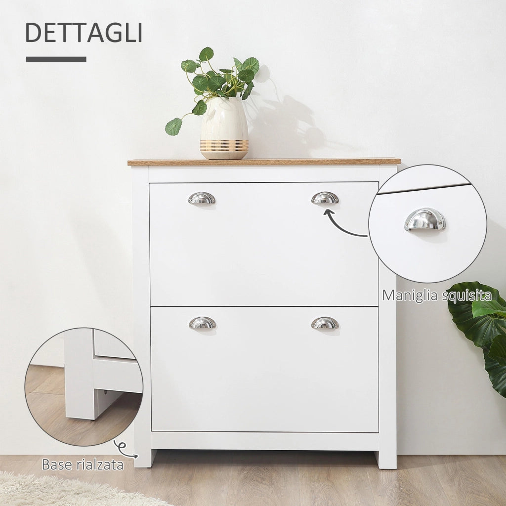 Mobile Scarpiera Slim Salvaspazio 2 Cassetti a Ribalta 12 Paia di Scarpe 79x23x90,5 cm Bianco