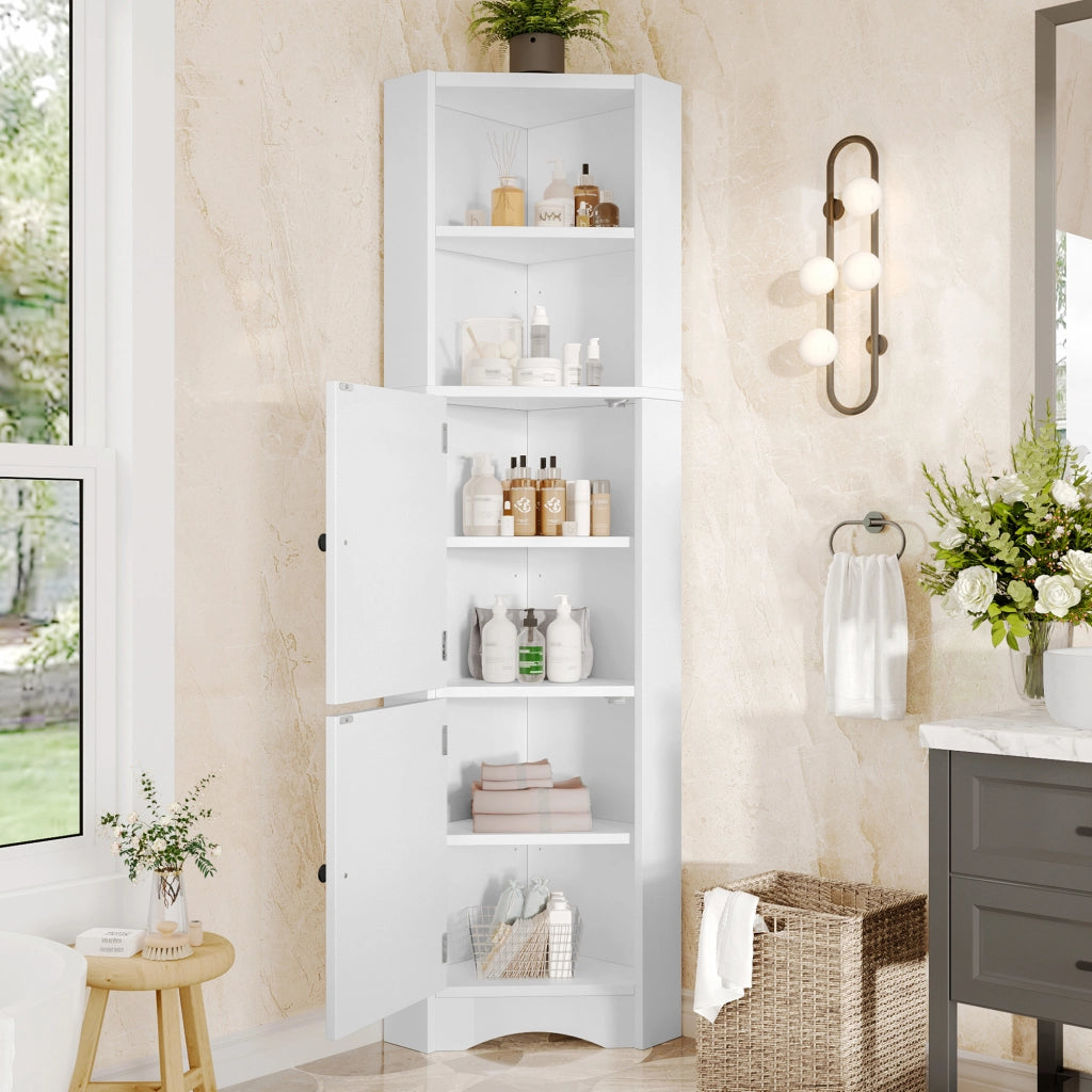 Mobile angolare da bagno con 2 ante, 2 vani aperti e ripiani regolabili, in MDF laccato, bianco, 51.7 × 32 × 155.4 cm