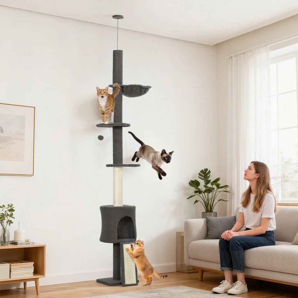 Albero per Gatti a Soffitto Alto con Casetta, Amaca e Piattaforme ¨C zephmum ¨C Grigio, 220-240 cm