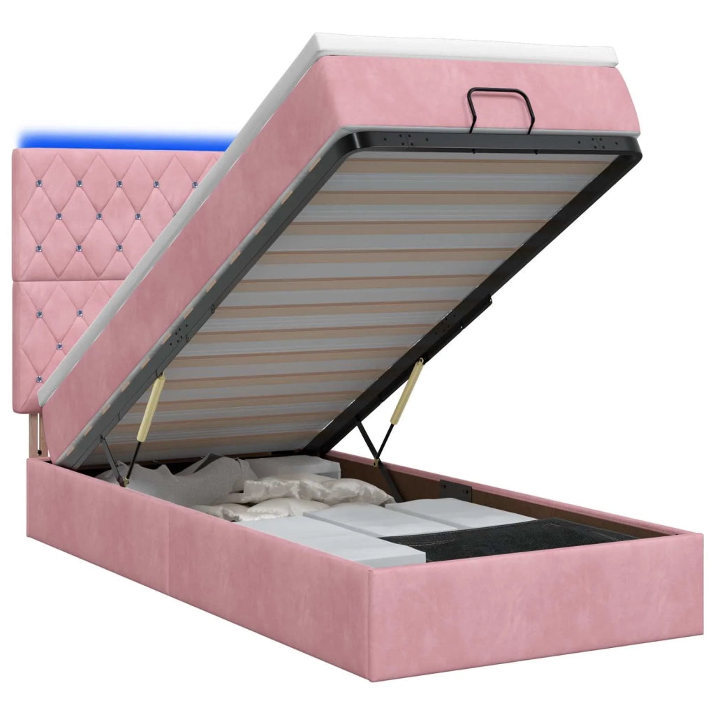 Letto Ottomano con Materasso e LED Rosa 100 x 200 cm Velluto 3458216