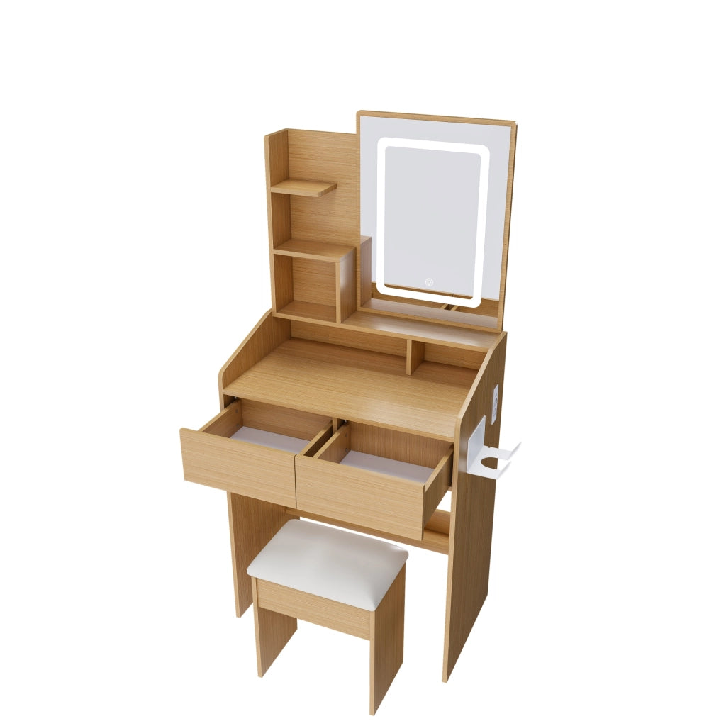 Scrivania Toeletta con Specchio LED e Sgabello Imbottito ¨C MINIMAL ¨C Legno, 60x36x130 cm