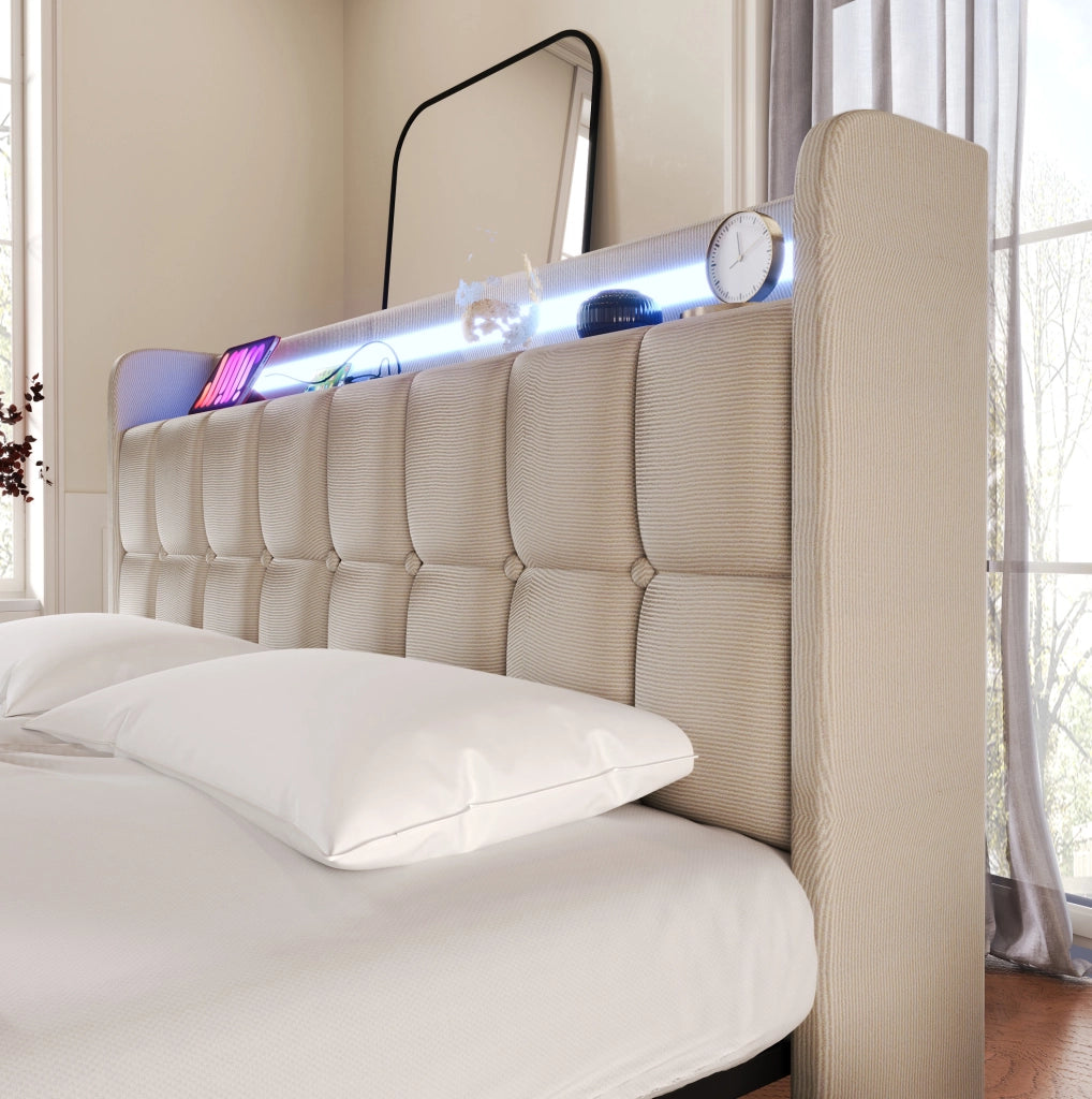 Letto singolo 90x200 cm con USB; prese; LED e 2 cassetti; beige
