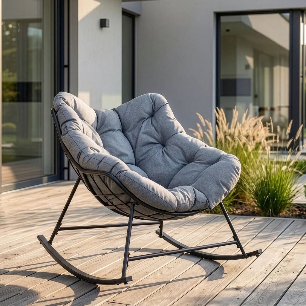 Sedia a Dondolo Villeneuve da Giardino con Cuscino Imbottito 85 x 90 x 91 cm - Nero / Grigio [en.casa]